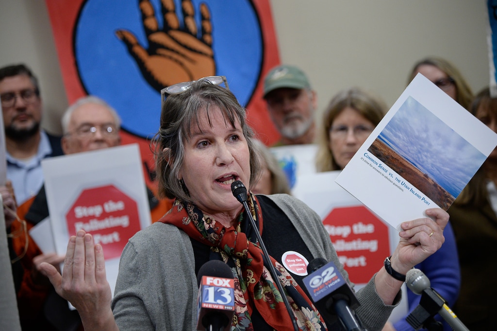 (Francisco Kjolseth | The Salt Lake Tribune) Deeda Seed of Stop the Polluting Port Coalition holds up a report being released outlining the potential environmental harms from the proposed Utah Inland Port during a press conference at the Utah Capitol on Wednesday, Jan. 22, 2020.