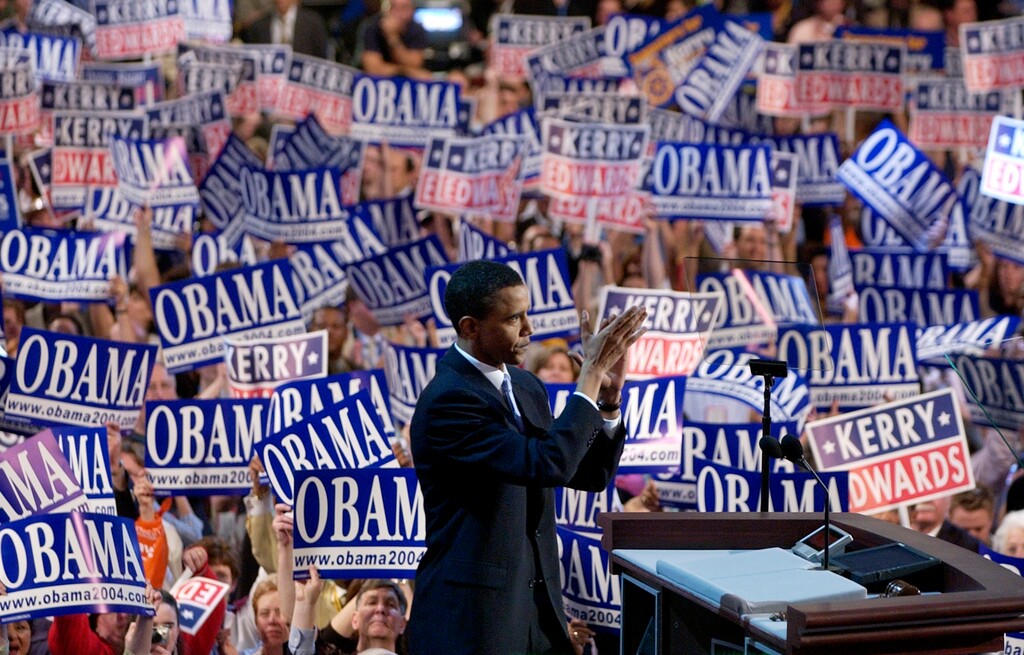 FILE - In this July 27, 2004, file photo, Barack Obama, then-candidate for the Senate from Illinois, speaks to delegates during the Democratic National Convention at the FleetCenter in Boston. (AP Photo/Charlie Neibergall, File)