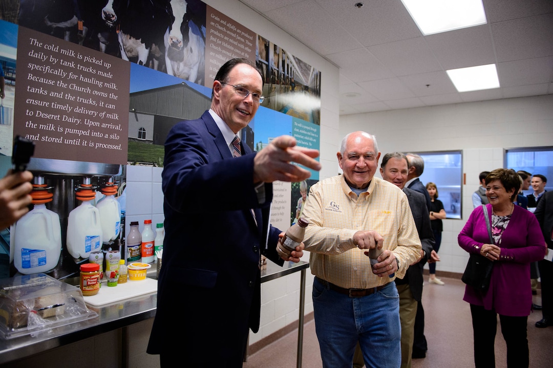 (Trent Nelson  |  The Salt Lake Tribune)  Agriculture Secretary Sonny Perdue on a tour of Welfare Square in Salt Lake City on Wednesday May 22, 2019. From left, Bishop W. Christopher Waddell, Perdue, Gov. Gary Herbert, and Jeanette Herbert.