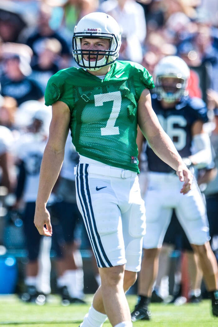 Chris Detrick  |  The Salt Lake TribuneBrigham Young Cougars quarterback Beau Hoge (7) during a scrimmage at LaVell Edwards Stadium Saturday August 15, 2015.  