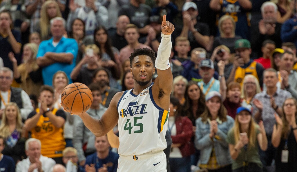 (Rick Egan  |  The Salt Lake Tribune)        Utah Jazz guard Donovan Mitchell (45) smiles after being found in the final seconds of the game as the Jazz, defeat the Nets, in NBA basketball action between the Utah Jazz and the Brooklyn Nets in Salt Lake City, Tuesday, Nov 12, 2019.