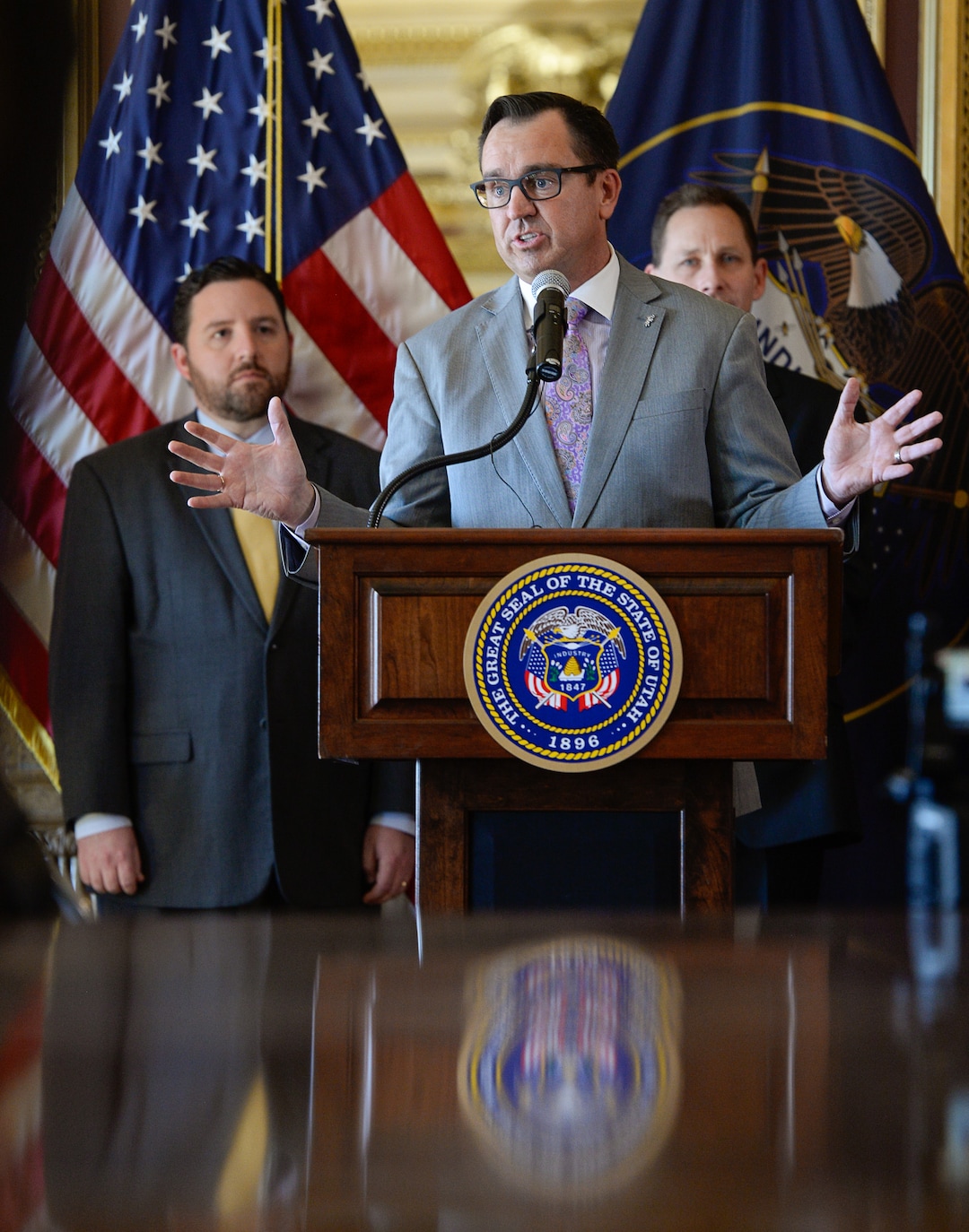 (Francisco Kjolseth  |  The Salt Lake Tribune)  House speaker Greg Hughes addresses the crowd gathered in the Gold Room of the Utah Capitol on Tuesday, March 27, 2018, prior to the signing by Gov. Gary Herbert of H.B. 472, which would expand Medicaid healthcare coverage to cover an additional 60,000 Utahns below the poverty line — pending approval from the federal government.