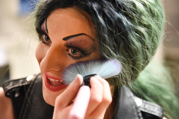 (Francisco Kjolseth  |  The Salt Lake Tribune)  Bryson LaBar, a Utah State University theatre student finishes his transformation into Madame LaCrude before USU's first drag show recently. 