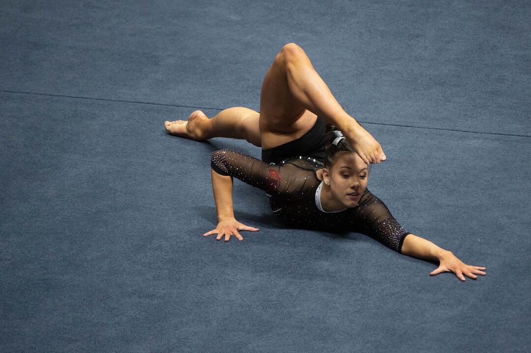 (Francisco Kjolseth  | The Salt Lake Tribune) Jaylene Gilstrap performs her floor routine in PAC-12 gymnastics action Utah vs UCLA, at the Huntsman Center on Friday, Feb. 19, 2021.