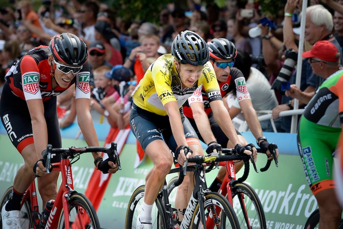 (Scott Sommerdorf   |  The Salt Lake Tribune)   Robert Britton cruises in with the front of the peloton as he clinches his place as the winner of the 2017 Tour of Utah, Sunday, August 6, 2017.