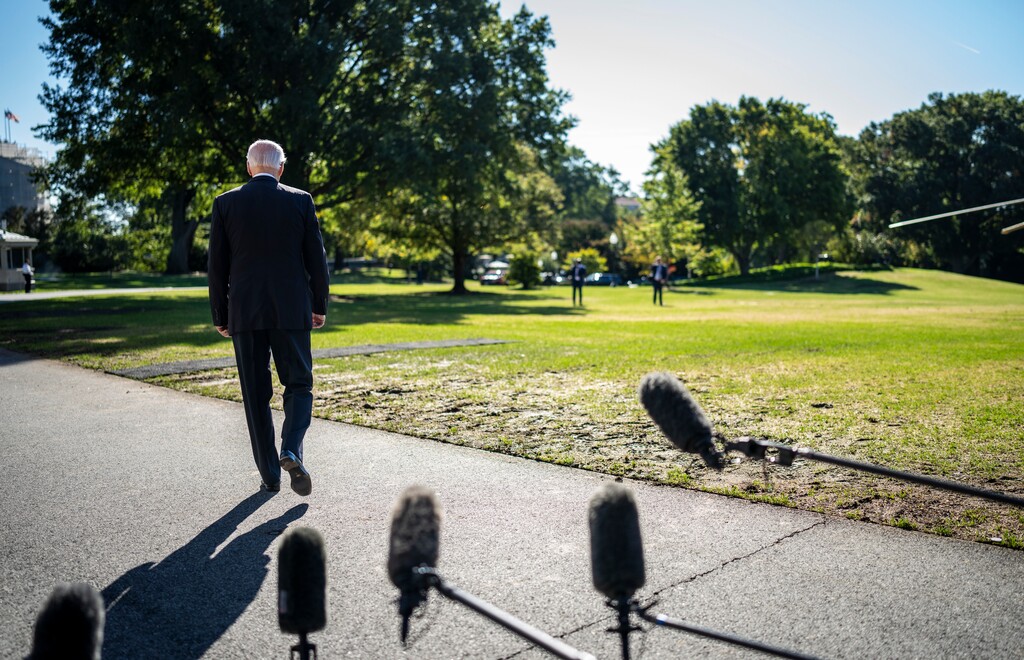 (Doug Mills | The New York Times)

President Joe Biden speaks to the media as he departs the White House for a trip to New Jersey and New York, in Washington on Thursday, Oct. 6, 2022.