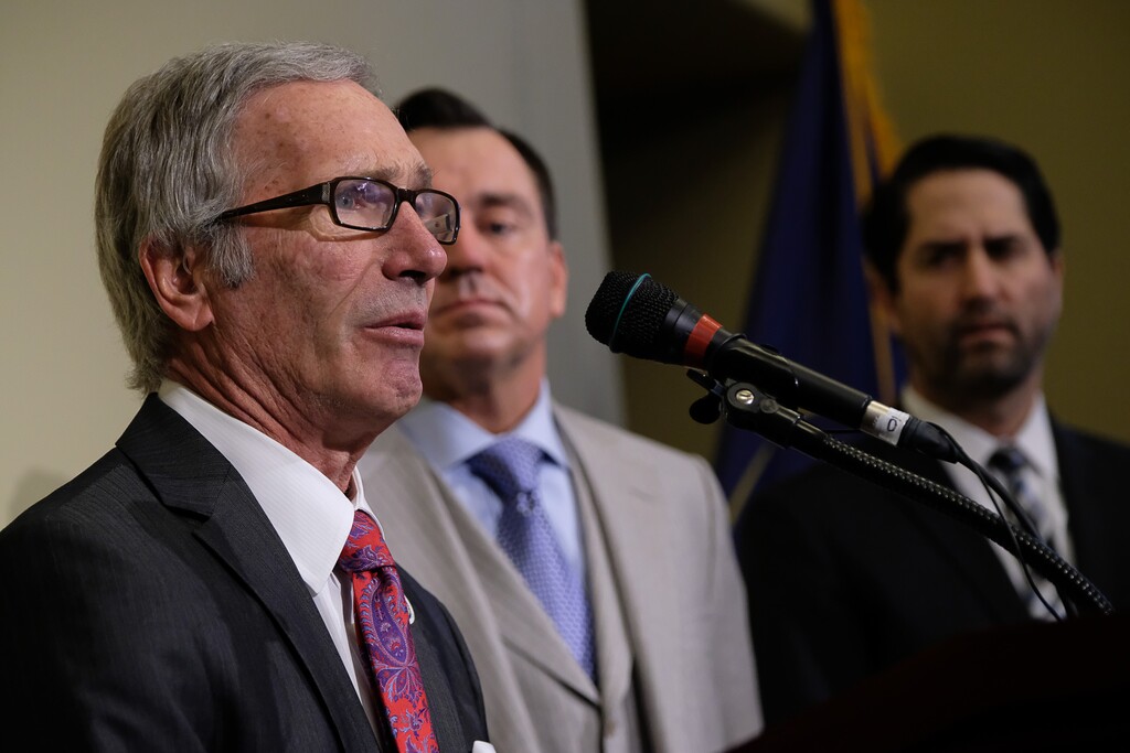 (Francisco Kjolseth | The Salt Lake Tribune) Rep. Gage Froerer, R-Huntsville, alongside House Speaker Greg Hughes and former U.S. Attorney for Utah Brett Tolman, at right, holds a news conference at the Capitol on Tuesday, Feb. 20, 2018, to discuss HB379, which would end the death penalty in Utah.