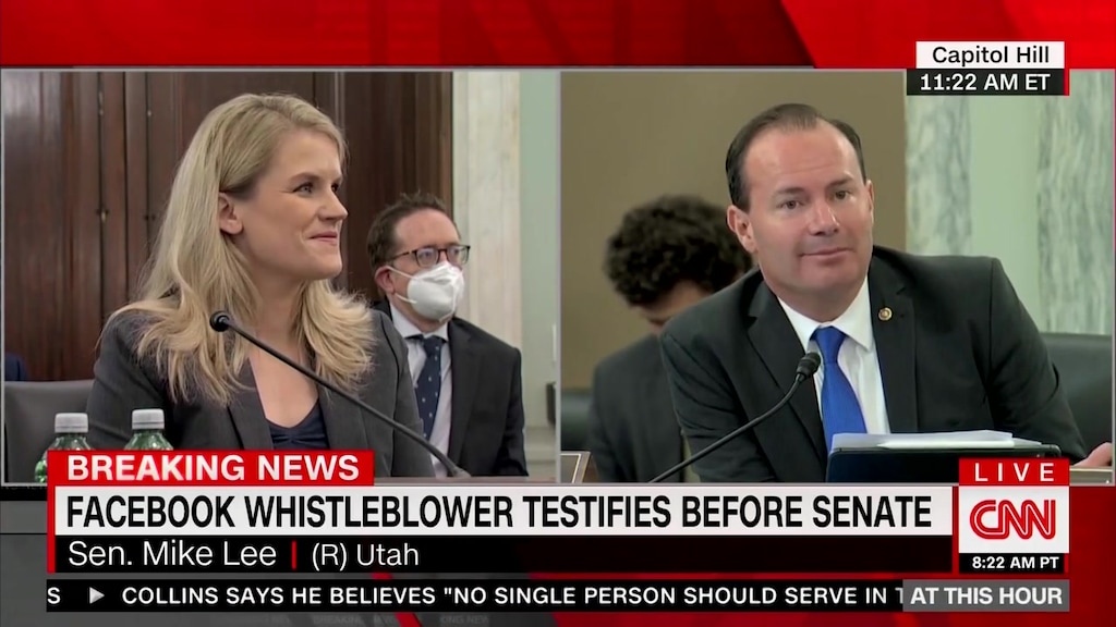 (Screengrab via Grabien) Sen. Mike Lee, R-UT, questions Facebook whistleblower Frances Haugen on October 5, 2021.