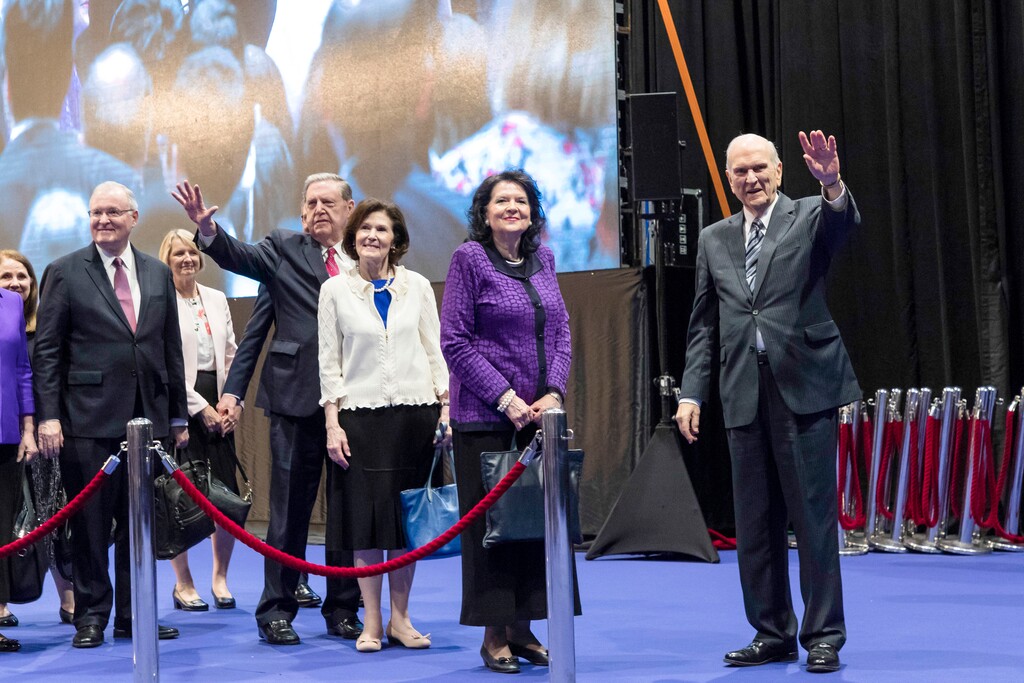 (Courtesy of the LDS Church) The eight-city global ministry tour continued in Hong Kong on Saturday, April 21, 2018. President Russell M. Nelson, his wife, Wendy, and Elder Jeffrey R. Holland and his wife, Patricia, wave to thousands of Latter-day Saints that came to hear their Church leaders.