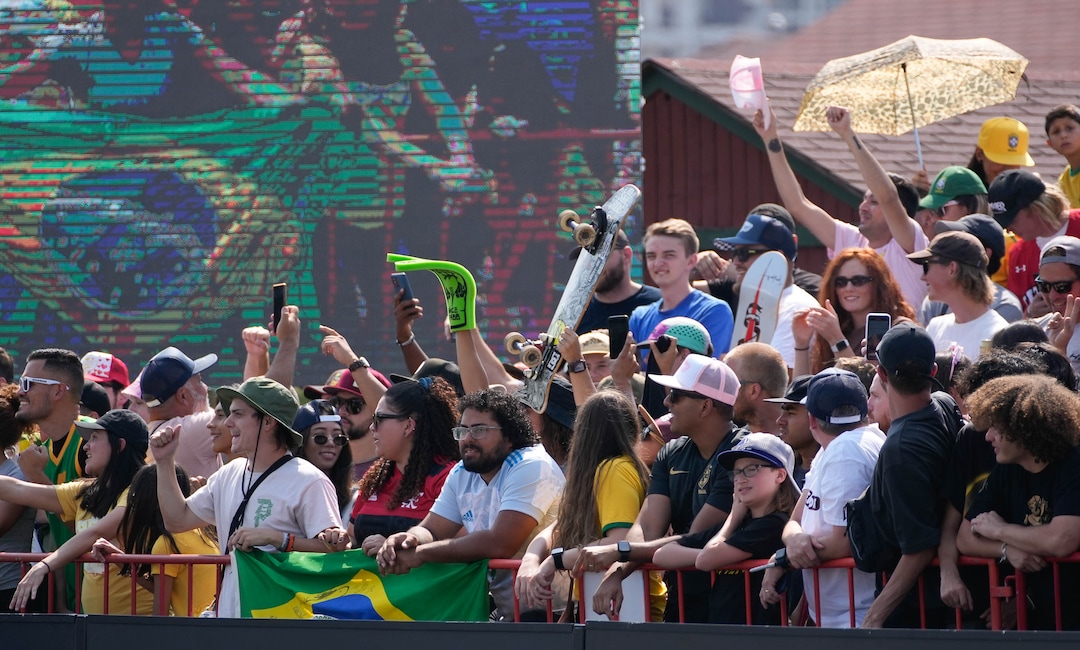 (Francisco Kjolseth | The Salt Lake Tribune) The crowd cheers on the women’s completion in Street League Skateboarding at the Utah State Fairpark in Salt Lake City on Saturday, Aug. 28, 2021. Now in its 11th year,  the sport’s premier competition series includes more of the world’s best skaters than ever before, with the tour roster featuring 47 athletes hailing from 11 countries, including 21 Olympians and multiple X Games medalists.