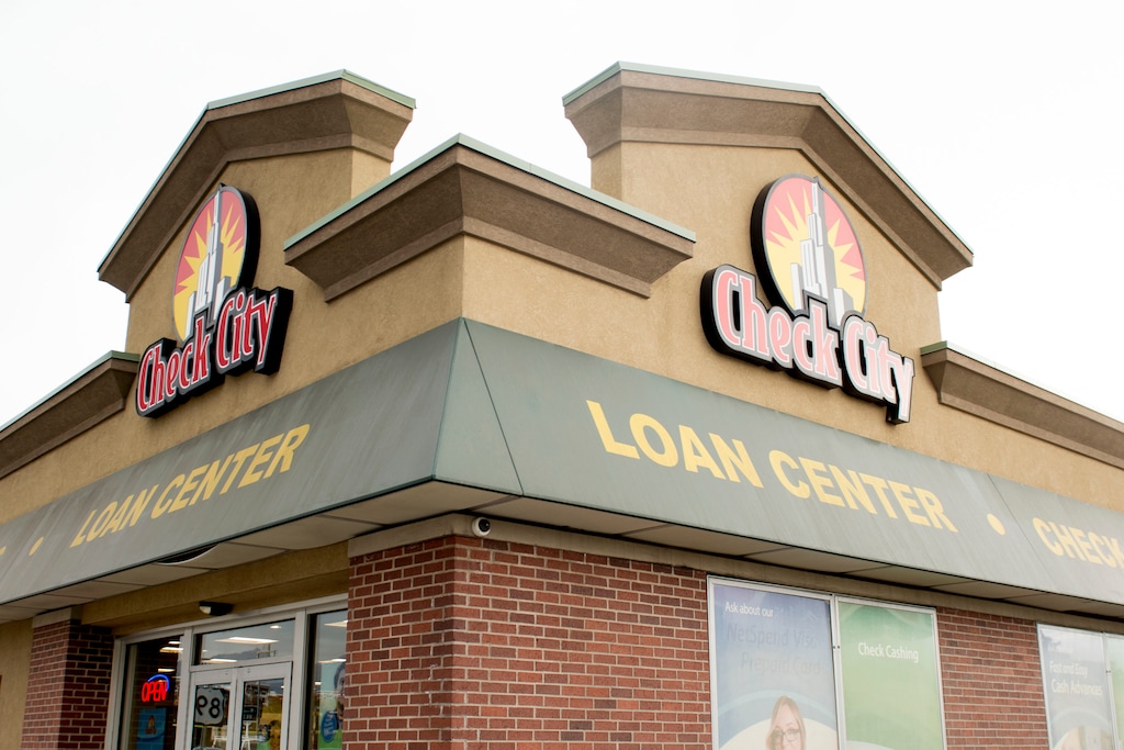 (Jeremy Harmon  |  The Salt Lake Tribune) The Check City location on the corner of State Street and 2100 South in Salt Lake City on Thursday, Oct. 17, 2019. A new state report shows a declining number of payday lenders, on the street and online.