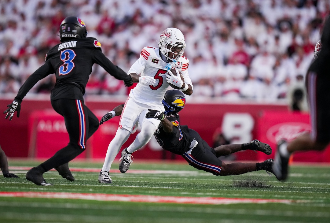 (Bethany Baker  |  The Salt Lake Tribune) Utah Utes running back Daniel Bray (5) runs the ball during the game between the Utah Utes and the Kansas Jayhawks at Rice-Eccles Stadium in Salt Lake City on Saturday, Oct. 10, 2026.