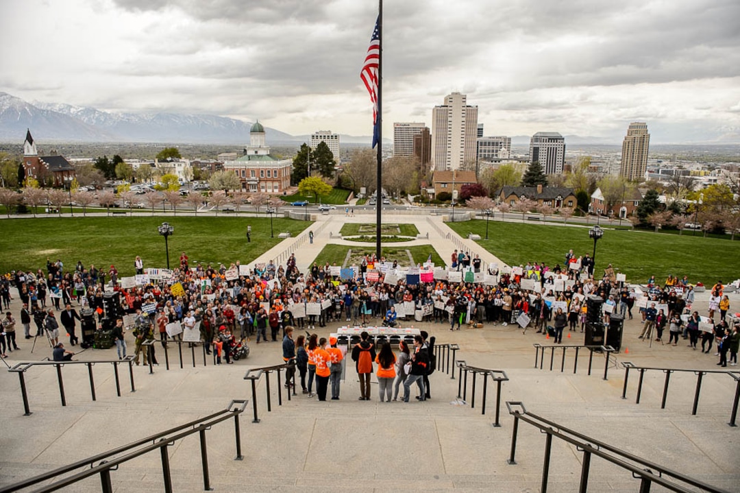 (Trent Nelson | The Salt Lake Tribune)  High school students gathered at the Utah State Capitol in Salt Lake City to mark the anniversary of the Columbine High School massacre and call for action against gun violence, Friday April 20, 2018.