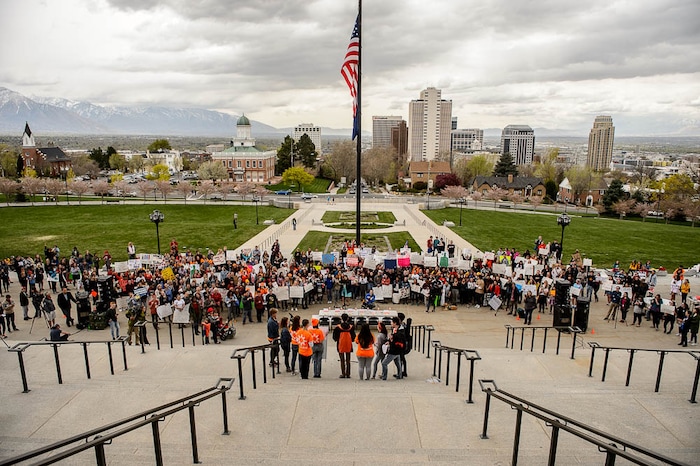 (Trent Nelson | The Salt Lake Tribune)  
High school students gathered at the Utah State Capitol in Salt Lake City to mark the anniversary of the Columbine High School massacre and call for action against gun violence, Friday April 20, 2018.