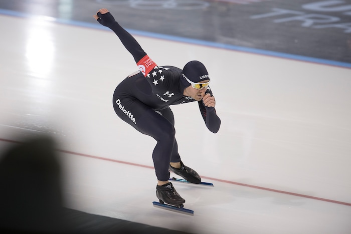 (Scott Sommerdorf | The Salt Lake Tribune)
Joey Mantia of the USA skates to the finish line with a 1:0763 to finish 10th in the men's 1000 meters race at the last day of the long-track speedskating World Cup at the Kearns Olympic Oval, Sunday, December 10, 2017.