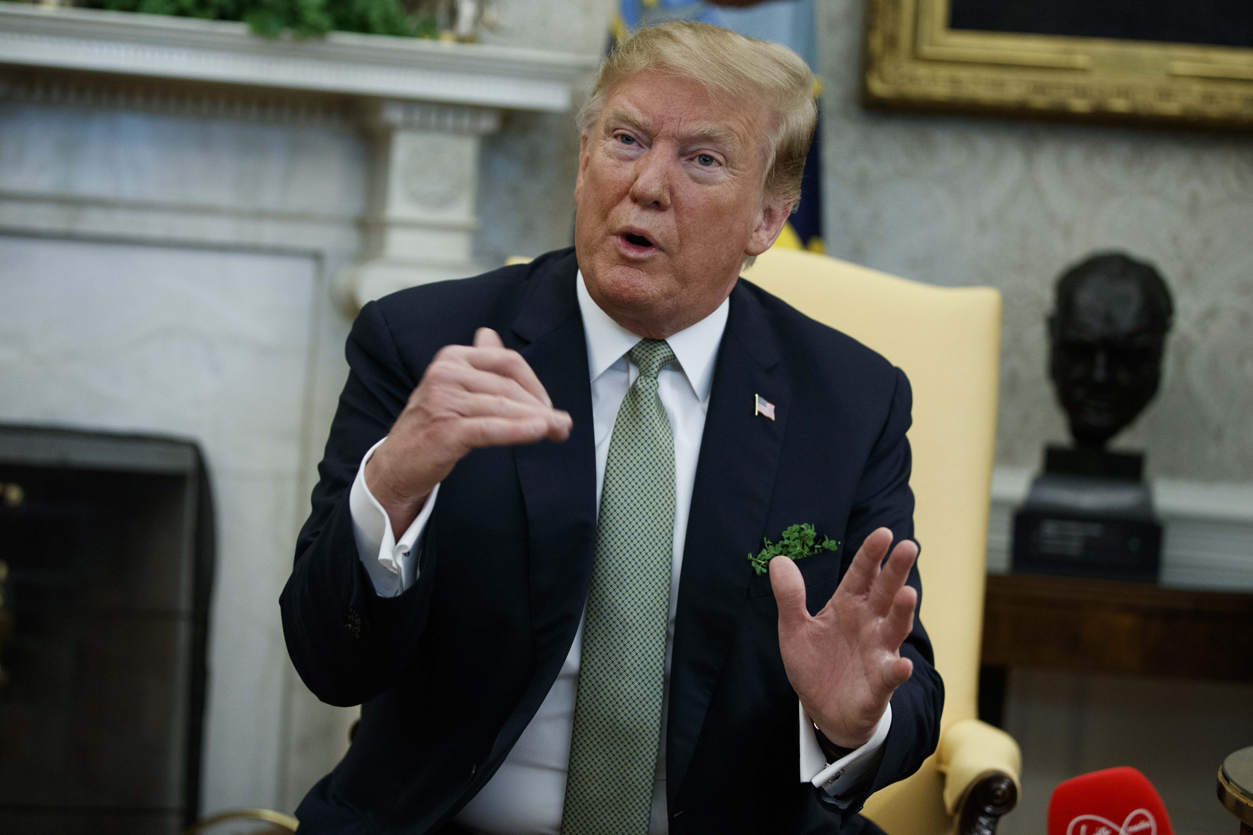(AP Photo/ Evan Vucci) President Donald Trump speaks during a meeting with Irish Prime Minister Leo Varadkar in the Oval Office of the White House, Thursday, March 14, 2019, in Washington.