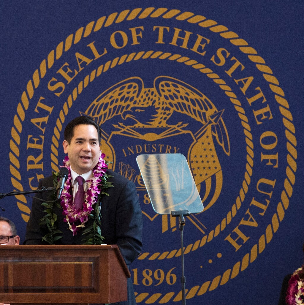 Steve Griffin  |  The Salt Lake TribuneAttorney General Sean Reyes speaks to his guests during his inaugural program in the State Capitol Rotunda in Salt Lake City, Monday, January 5, 2015. 