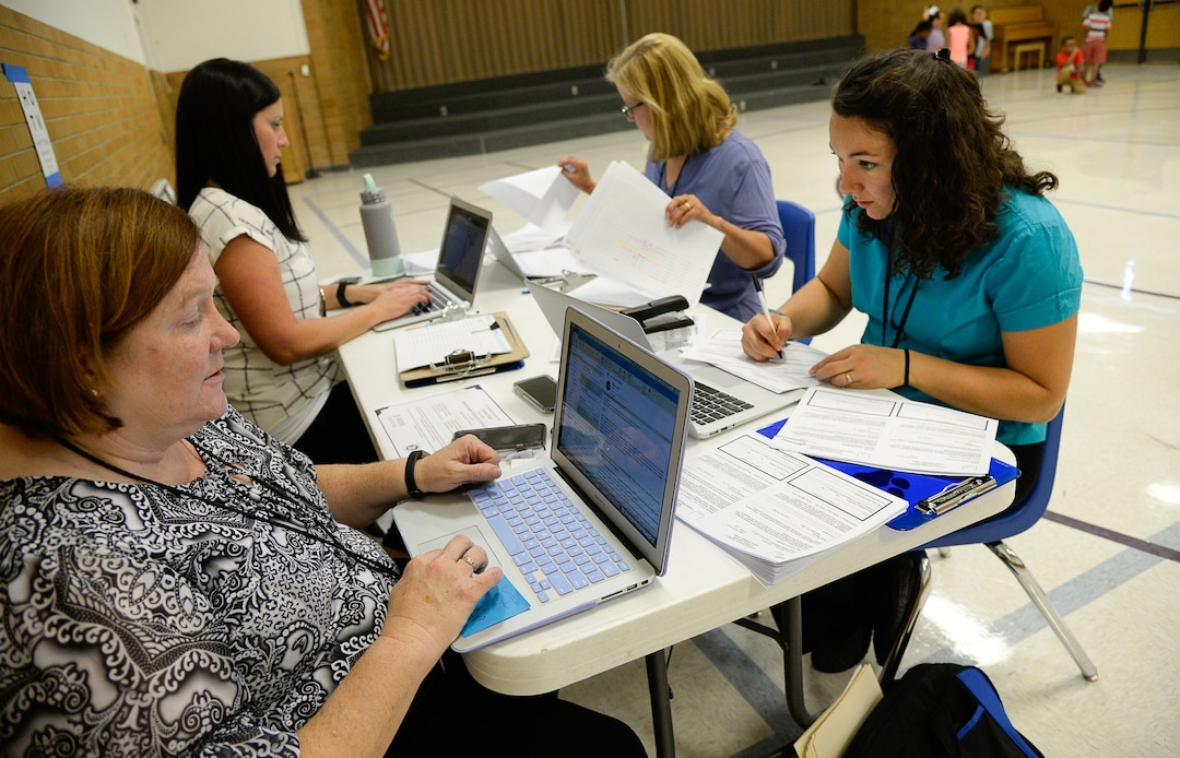 (Francisco Kjolseth  |  The Salt Lake Tribune)  Granite school nurses Sally Goodger, Jennifer Gerrard, Carolee Boam and Renee Beus, from left, input student vision test results data during a visit to Copperview Elementary on Thursday, Sept. 5, 2019. A newly released report from the Utah Department of Health finds that only a handful of schools in the state have the recommended numbers of nurses per student Ñ pointing to a dire shortage and the potential for students to not receive care when they need it.