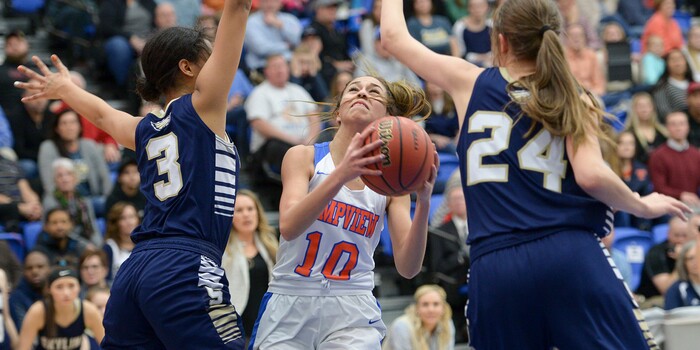 (Leah Hogsten  |  The Salt Lake Tribune) Timpview's Jasmine Espinoza (10) fights to get to the net around Skyline's Kiana Eskelson (03) and Skyline's Kate Vorwaller (24).  Timpview faces Skyline in their semifinal game of the 5A High School Girls' Basketball Tournament at SLCC in Taylorsville, Friday, Feb. 23, 2018. 