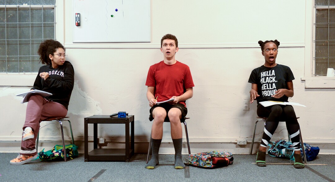 (Leah Hogsten | The Salt Lake Tribune)  Daisy Allred, left, as Marina, Trayven Call (a stand-in) and Amanda Morris as Amali, during rehearsals for Salt Lake Acting Company's upcoming production of "form of a girl unknown," an atypical coming-of-age dramedy by playwright Charly Evon Simpson, running Oct. 16 through Nov. 17, 2019.