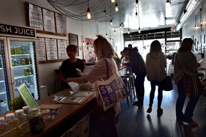 (Scott Sommerdorf | The Salt Lake Tribune)
Business was unusually busy at Vive Juicery on Small Business Saturday, Saturday, November 25, 2017.