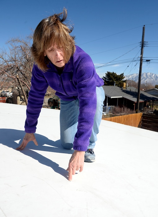 (Al Hartmann  |  The Salt Lake Tribune) 	
Teena Johnson signed up for Salt Lake County's Green & Healthy Homes Initiative. What she got was a new, leaky thermoplastic membrane roof. She points to a nail that has worked its way upward through the membrane, allowing moisture in.