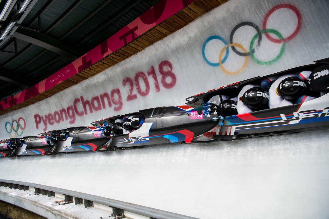 (Chris Detrick  |  The Salt Lake Tribune)   (multiple exposure image) Team USA's Nick Cunningham, Hakeem Abdul-Saboor, Christopher Kinney and Sam Michener compete at Olympic Sliding Centre during the Pyeongchang 2018 Winter Olympics Saturday, Feb. 24, 2018.