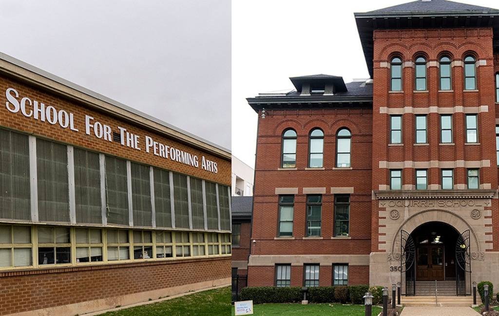 (Rick Egan | The Salt Lake Tribune) Salt Lake School for the Performing Arts, left in this composite photograph, and the Oquirrh School Building, right, on Tuesday, April 18, 2023.