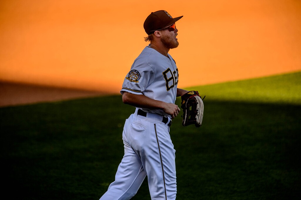 (Trent Nelson  |  The Salt Lake Tribune)  Salt Lake Bees' right fielder Brennon Lund warms up while facing the Sacramento River Cats, Triple-A baseball in Salt Lake City  on Tuesday July 16, 2019.