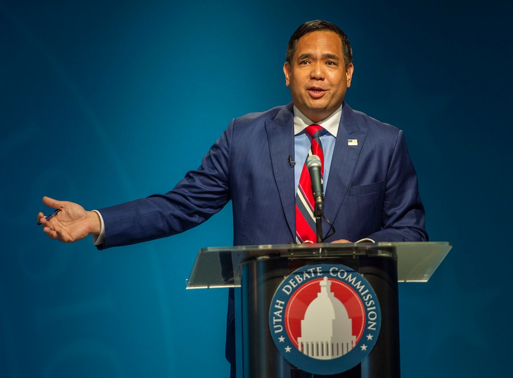 (Rick Egan  |  The Salt Lake Tribune)     Sean Reyes Candidate for Utah Attorney General Republican Primary joins candidate David Leavitt in a debate at KUED, Tuesday, June 2, 2020.