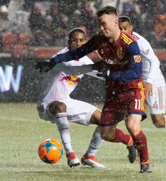 (Rick Egan  |  The Salt Lake Tribune)    Real Salt Lake midfielder Albert Rusnak (11) tries to get the ball past New York Red Bulls Kyle Duncan (6), as he takes the ball down field, in MLS action between Real Salt Lake and New York Red Bulls at Rio Tinto Stadium, Saturday, March 17, 2018.


