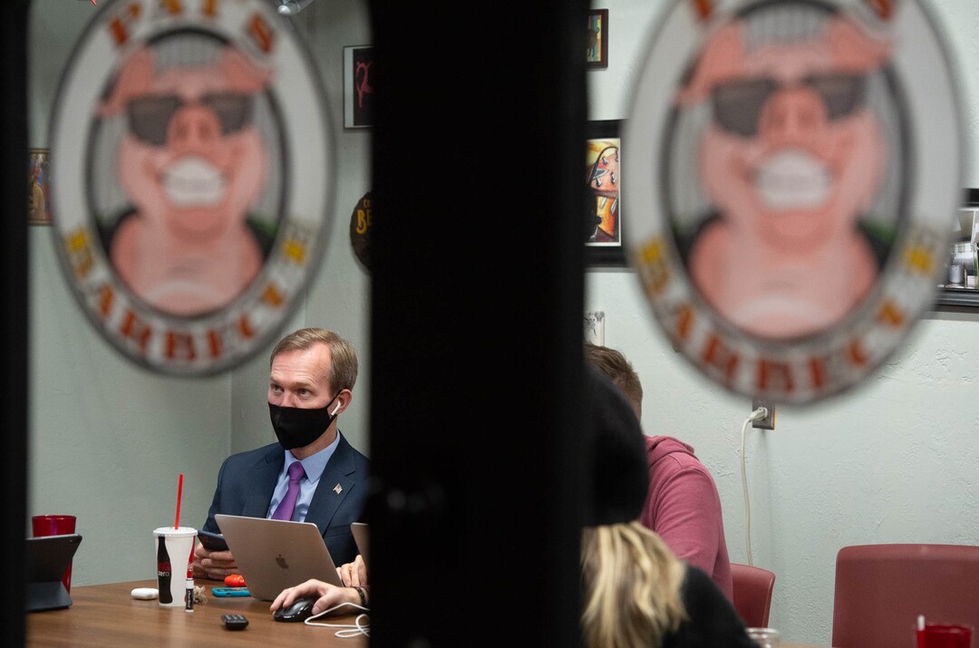 (Francisco Kjolseth  |  The Salt Lake Tribune) Democratic Rep. Ben McAdams, looking to retain his seat for Utah’s 4th Congressional District, keeps an eye on the vote count from his small election watch party at Pat’s BBQ in Salt Lake City, Tuesday, Nov. 3, 2020.