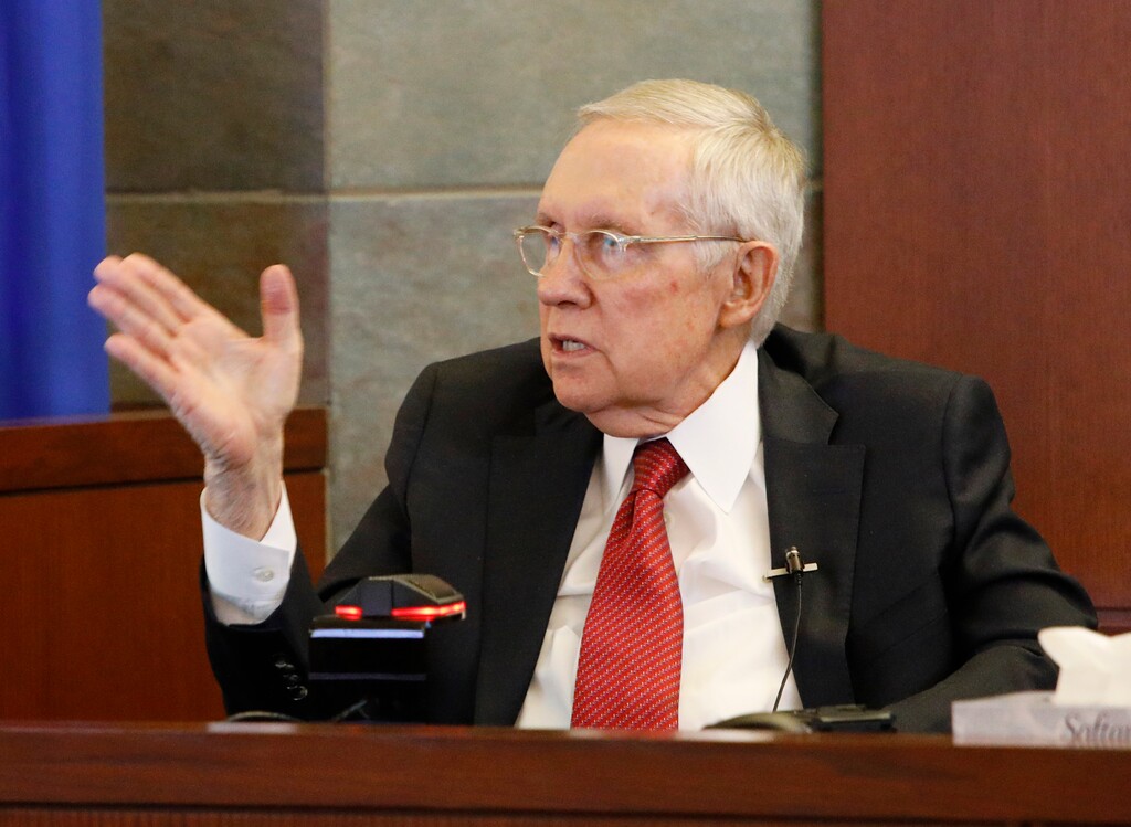 (John Locher | AP file photo) Former U.S. Sen. Harry Reid speaks from the witness stand, Thursday, March 28, 2019, in Las Vegas. Reid testified in his negligence lawsuit against the maker of an exercise device.