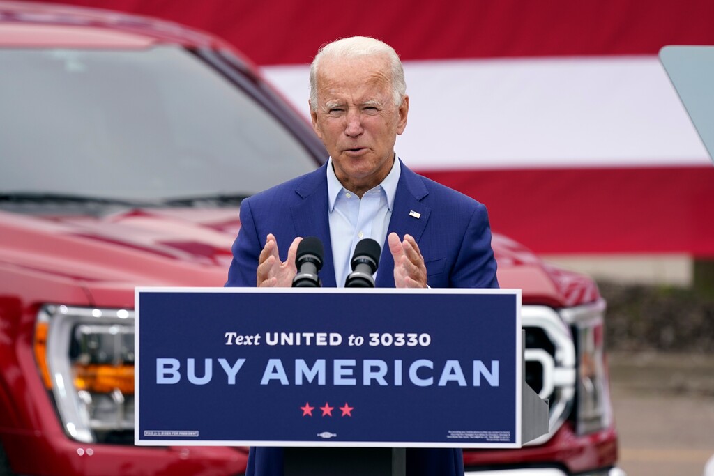 (Patrick Semansky | AP file photo)  Democratic presidential candidate and former Vice President Joe Biden speaks during a campaign event on manufacturing and buying American-made products at UAW Region 1 headquarters in Warren, Mich., on Wednesday, Sept. 9, 2020.