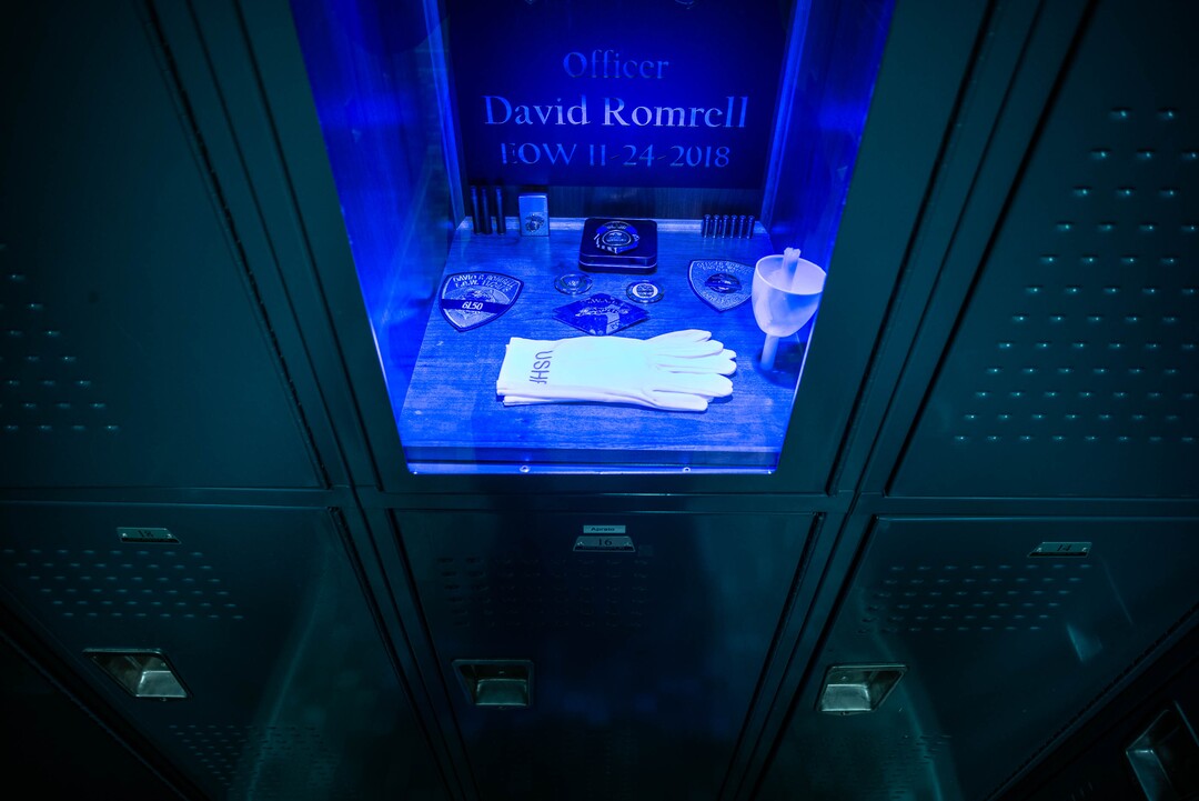 (Trent Nelson  |  The Salt Lake Tribune) Officer Romrell's locker, memorialized in the David P. Romrell Public Safety Building in South Salt Lake on Sunday Nov. 24, 2019. The building is named after Officer Romrell, who was killed in the line of duty on Nov. 24, 2018 - one year ago.
