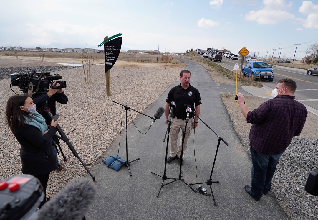 (Francisco Kjolseth  | The Salt Lake Tribune) Sergeant Mitch Gwilliams with North Salt Lake Police gives an update to a call involving a man driving erratically and claiming to have a gun and a bomb as an initial police chase comes to and end on Center Street over Legacy Highway on Wednesday, March 17, 2021, with no major injuries.