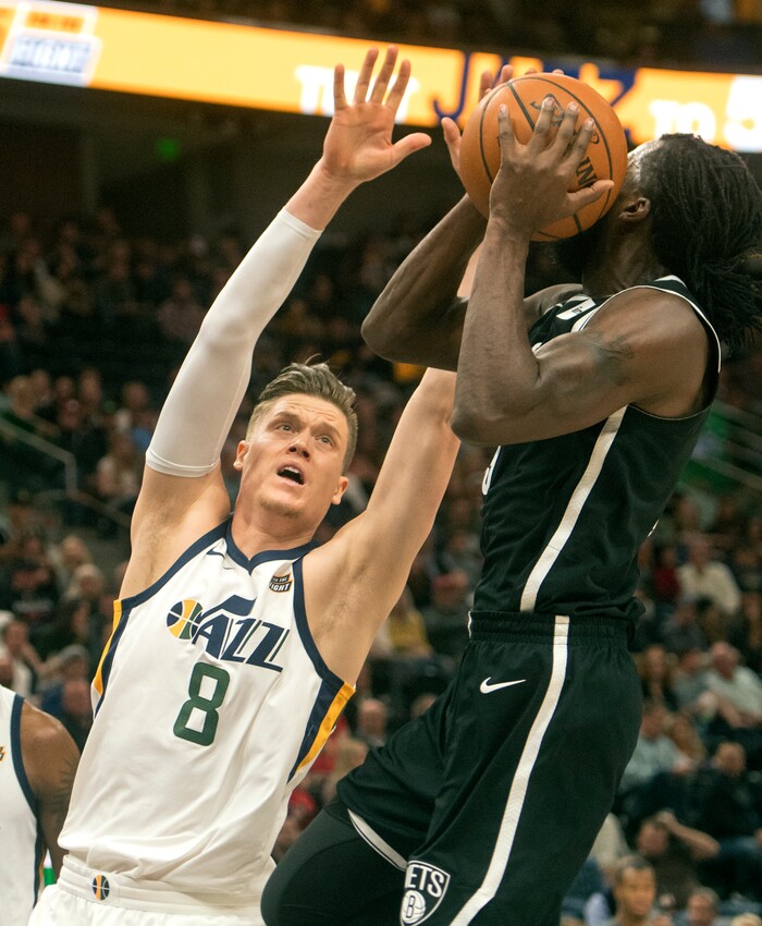 (Rick Egan  |  The Salt Lake Tribune) Utah Jazz forward Jonas Jerebko (8) defends, as Brooklyn Nets forward DeMarre Carroll (9), in NBA action, Utah Jazz vs. Brooklyn Nets, in Salt Lake City, Saturday, November 11, 2017.
