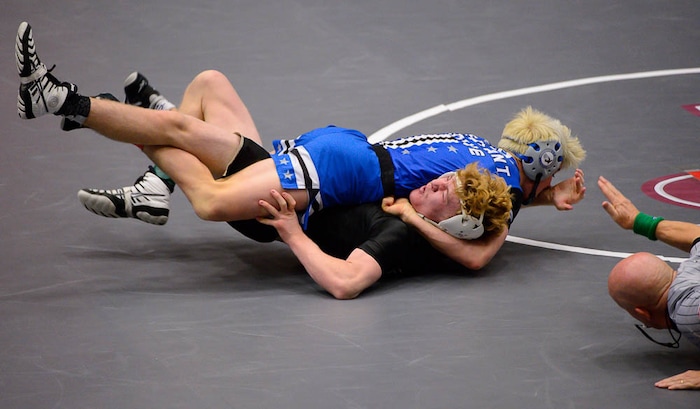 (Trent Nelson | The Salt Lake Tribune)  Pleasant Grove's Anthony Ridge pins Davis's Zackary Edgmon, 6A State Championships, high school wrestling quarterfinals in Orem, Wednesday February 7, 2018.