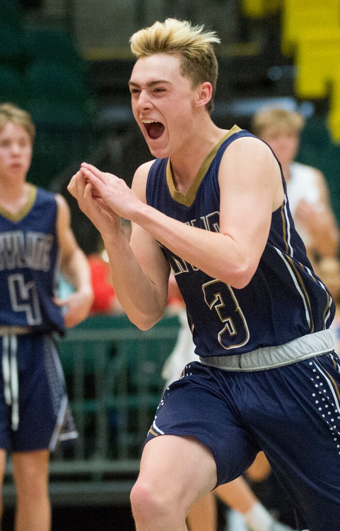 (Rick Egan | The Salt Lake Tribune) Skyline Eagles Tommy McGrath (3) celebrates their 67-63 win over Timpview, in 5A basketball playoff action between the Timpview Thunderbirds and at the Skyline Eagles, at the UCCU Center in Orem, Monday, Feb. 26, 2018.