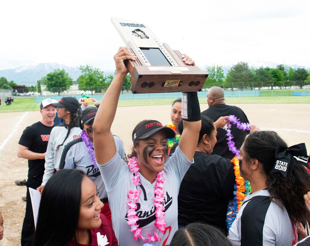 (Rick Egan  |  The Salt Lake Tribune)     West High centerfielder Keisha White, celebrates the Panthers win over the Bountiful Braves, for the 5A state championship, in Taylorsville, Thursday May 30, 2019
