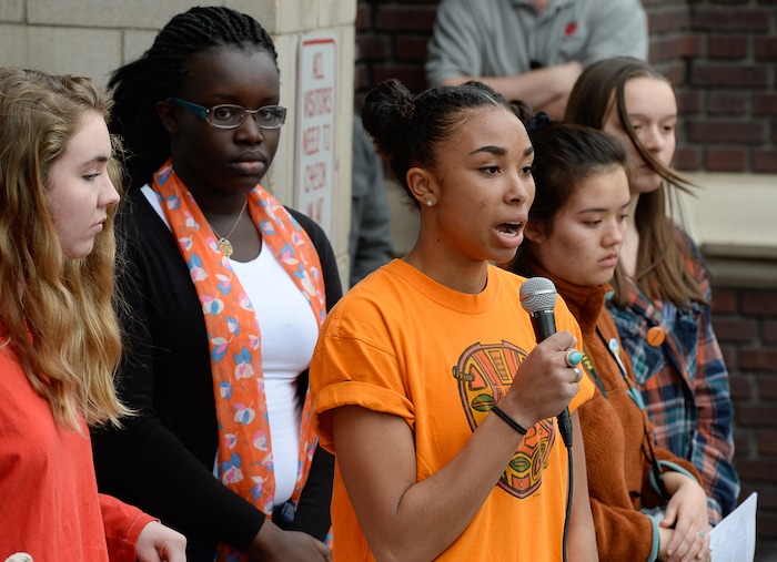 (Francisco Kjolseth  |  The Salt Lake Tribune)  West High School senior Abena Bakenra, 17, describes looking for the best places to hide every time she walks into a classroom as she talks about the need for school safety during a student walkout on Wed. March 14, 2018. Students in Utah and around the country planned the large-scale coordinated demonstration to protest gun violence and memorialize victims of last month's mass shooting at Marjory Stoneman Douglas High School in Parkland, Fla.