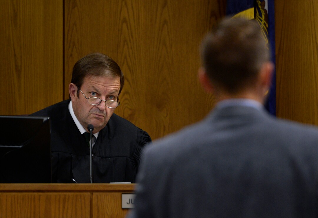(Scott Sommerdorf   |  The Salt Lake Tribune)  Judge James Brady looks on during the preliminary hearing for Defendant Tyerell Joe Przybycien, 18, of Spanish Fork, Wednesday, August 23, 2017. Przybycien is charged with first-degree felony murder for buying items used by a 16-year-old girl to hang herself on May 5 in Utah County. Przybycien also recorded the girl's death, according to charges.