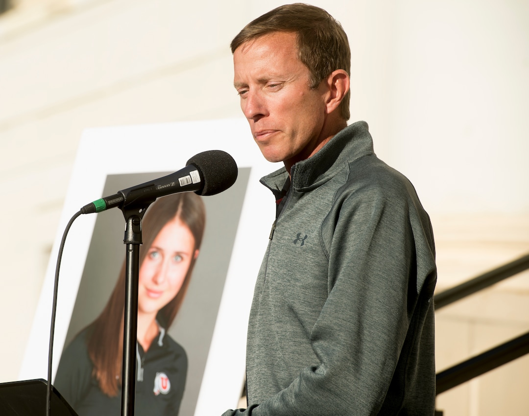 (Jeremy Harmon  |  The Salt Lake Tribune) University of Utah track coach Kyle Kepler speaks during a vigil for Lauren McCluskey on Wed. Oct 24, 2018. McCluskey was killed on campus on Monday.