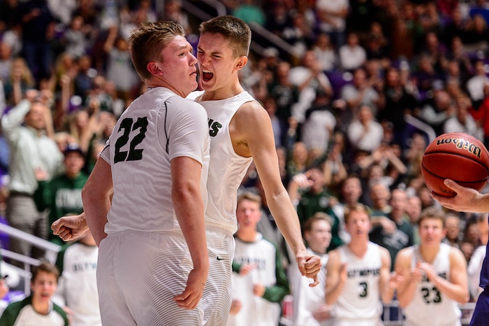 Trent Nelson  |  The Salt Lake TribuneOlympus's Spencer Jones (22) and Olympus's Travis Wagstaff (1) react to a foul as Springville faces Olympus in the 4A state high school basketball championship game, Saturday March 4, 2017.