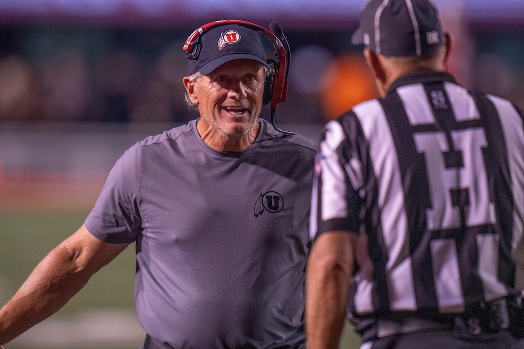 (Rick Egan | The Salt Lake Tribune)  Utah Utes head coach Kyle Whittingham discusses a call by the official, in Big-12 football action between the  Utes and the Arizona Wildcats at Rice-Eccles Stadium, on Saturday, Sept. 28, 2024.