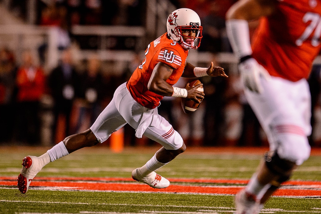 (Trent Nelson | The Salt Lake Tribune)  Utah Utes quarterback Troy Williams (3) scrambles as the University of Utah hosts Stanford, NCAA football at Rice-Eccles Stadium in Salt Lake City Saturday October 7, 2017.
