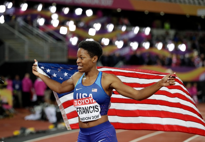 United States' Phyllis Francis celebrates after winning the gold medal in the women's 400-meter final during the World Athletics Championships in London Wednesday, Aug. 9, 2017. (AP Photo/Matthias Schrader)