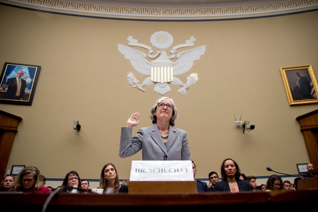 (Andrew Harnik | AP) CDC Principal Deputy Secretary Dr Anne Schuchat is sworn in as she appears before a House Oversight subcommittee hearing on lung disease and e-cigarettes on Capitol Hill in Washington on Tuesday, Sept. 24, 2019.