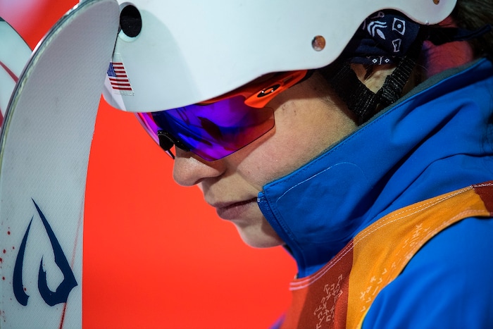(Chris Detrick  |  The Salt Lake Tribune)  USAÕs Ashley Caldwell reacts after failing to qualify for the finals during the Ladies' Aerials Qualification at Phoenix Park during the Pyeongchang 2018 Winter Olympics Thursday, Feb. 15, 2018.  Caldwell's best score was a 81.81. 