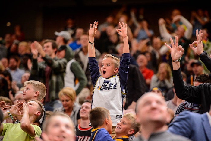(Trent Nelson | The Salt Lake Tribune)  A Utah Jazz fan celebrates a three-point shot in the fourth quarter as the Utah Jazz host the Portland Trail Blazers, NBA basketball in Salt Lake City, Wednesday November 1, 2017.